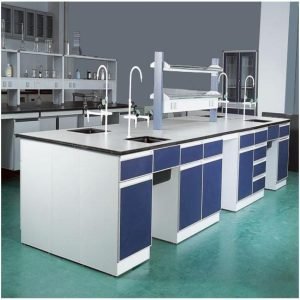 Premium Multi-Station College Laboratory Island Table with Reagent Racks and Integral Sinks