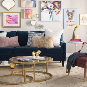Contemporary Velvet Sofa and Accent Furniture Set with Nesting Coffee Tables