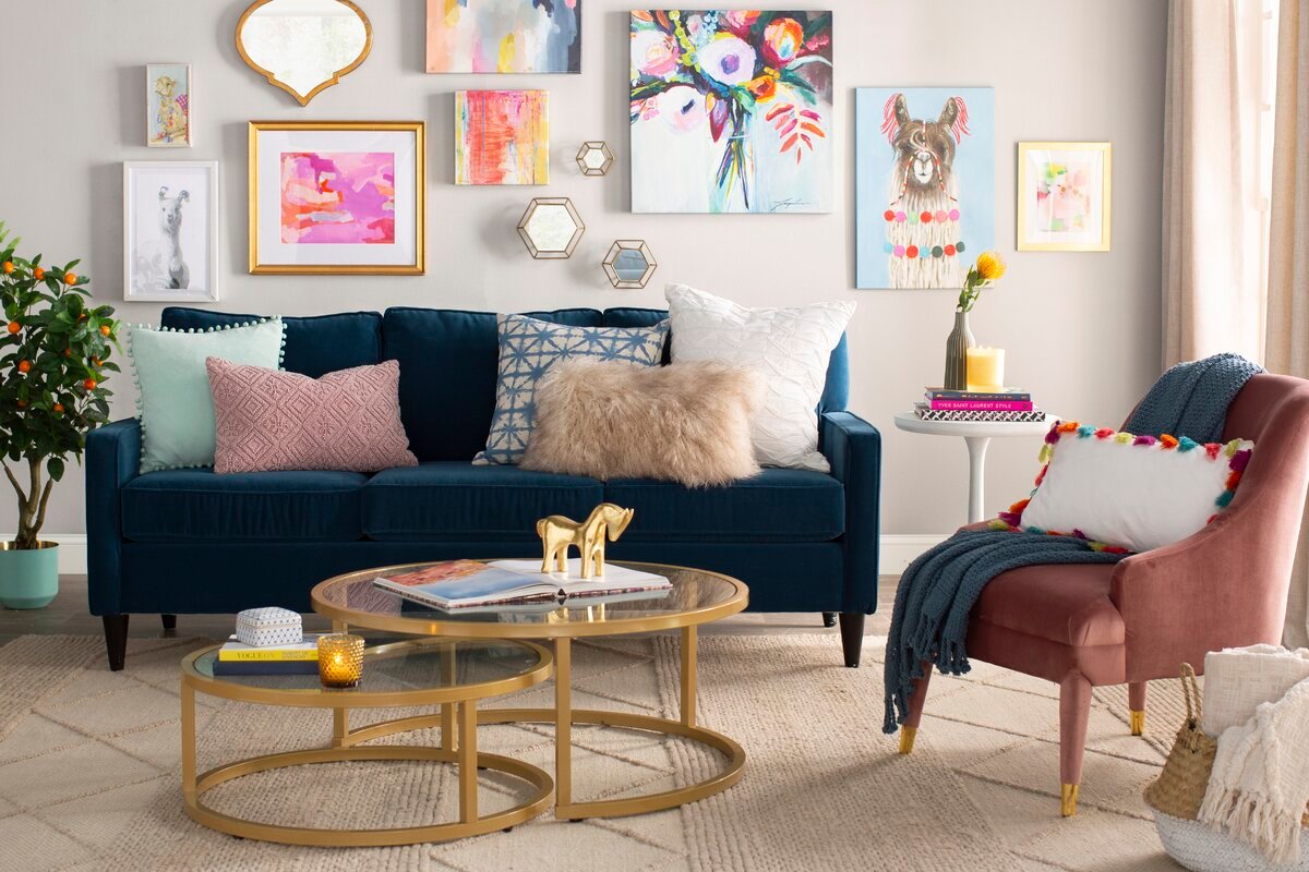 Contemporary Velvet Sofa and Accent Furniture Set with Nesting Coffee Tables