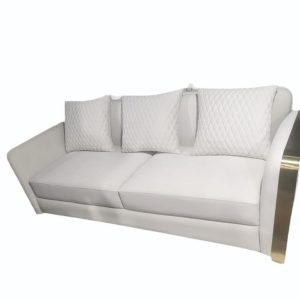 Luxury 3-Seater Off-White Leatherette Office Sofa with Quilted Cushions and Gold Trim Accent